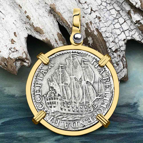 Dutch East India Company 1765 Silver 6 Stuiver Ship Shilling "I Struggle and Survive" 14K Gold Pendant