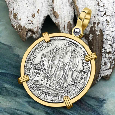 Dutch East India Company 1765 Silver 6 Stuiver Ship Shilling "I Struggle and Survive" 14K Gold Pendant
