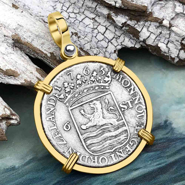 Dutch East India Company 1765 Silver 6 Stuiver Ship Shilling "I Struggle and Survive" 14K Gold Pendant
