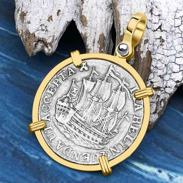 Dutch East India Company 1766 Silver 6 Stuiver Ship Shilling "I Struggle and Survive" 14K Gold Pendant