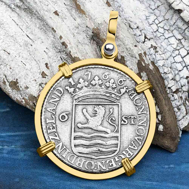 Dutch East India Company 1766 Silver 6 Stuiver Ship Shilling "I Struggle and Survive" 14K Gold Pendant