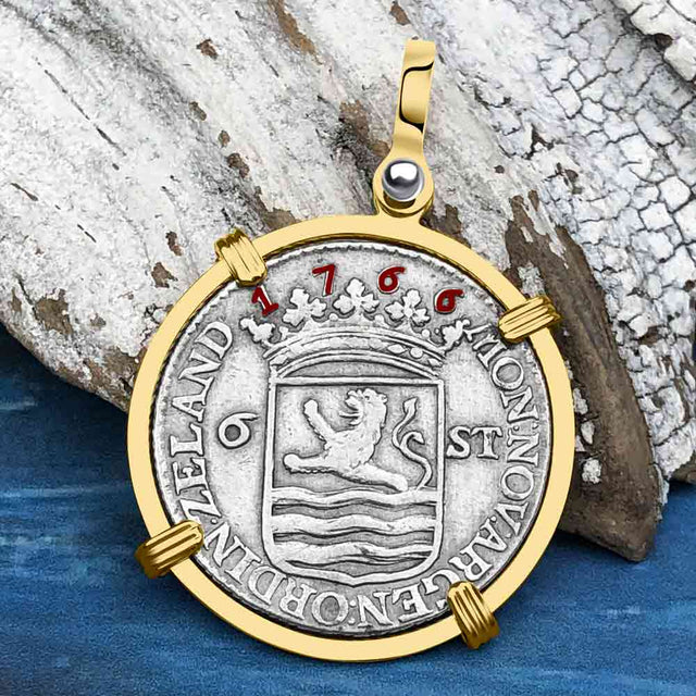 Dutch East India Company 1766 Silver 6 Stuiver Ship Shilling "I Struggle and Survive" 14K Gold Pendant