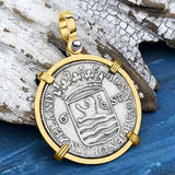 Dutch East India Company 1766 Silver 6 Stuiver Ship Shilling "I Struggle and Survive" 14K Gold Pendant