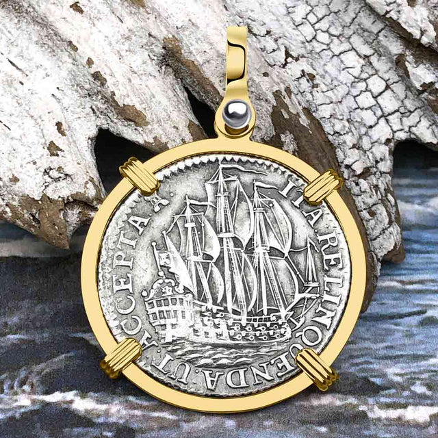Dutch East India Company 1765 Silver 6 Stuiver Ship Shilling "I Struggle and Survive" 14K Gold Pendant