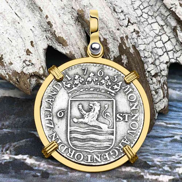 Dutch East India Company 1765 Silver 6 Stuiver Ship Shilling "I Struggle and Survive" 14K Gold Pendant
