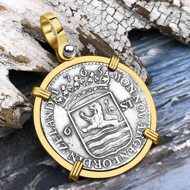 Dutch East India Company 1765 Silver 6 Stuiver Ship Shilling "I Struggle and Survive" 14K Gold Pendant