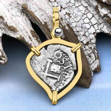 Heart Shaped 1672 Rimac River "Good Luck" Spanish 1/2 Reale "Piece of Eight" 14K Gold Pendant
