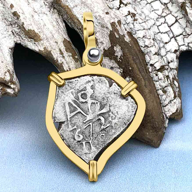 Heart Shaped 1672 Rimac River "Good Luck" Spanish 1/2 Reale "Piece of Eight" 14K Gold Pendant