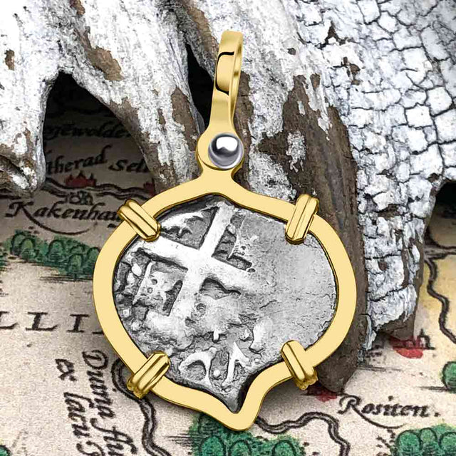 Heart Shaped Pirate Era 1739 Spanish 1/2 Reale Cob Piece of Eight 14K Gold Pendant