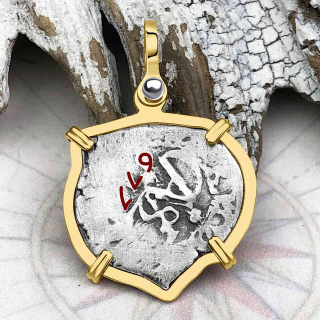 Heart Shaped Pirate Era 1677 Spanish 1/2 Reale Cob Piece of Eight 14K Gold Pendant