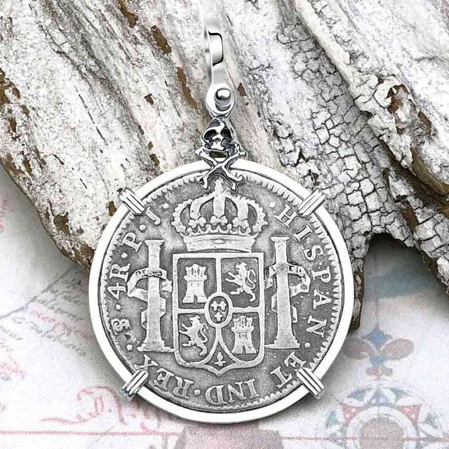 1808 Pirate Era Skull and Cross Bones Silver 4 Reale Spanish Portrait Piece of 8 Sterling Silver Pendant
