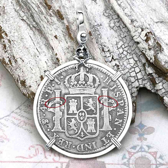 1808 Pirate Era Skull and Cross Bones Silver 4 Reale Spanish Portrait Piece of 8 Sterling Silver Pendant