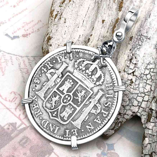 1808 Pirate Era Skull and Cross Bones Silver 4 Reale Spanish Portrait Piece of 8 Sterling Silver Pendant