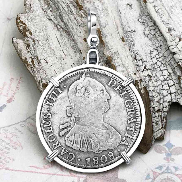 1808 Pirate Era Skull and Cross Bones Silver 4 Reale Spanish Portrait Piece of 8 Sterling Silver Pendant