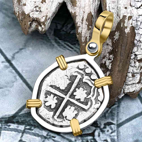 Atocha Era Land Find Spanish 1 Reale Piece of Eight 14K Gold and Sterling Silver Pendant