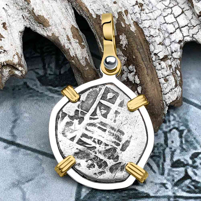 Atocha Era Land Find Spanish 1 Reale Piece of Eight 14K Gold and Sterling Silver Pendant