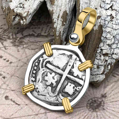 Atocha Era Land Find Spanish 1 Reale Piece of Eight 14K Gold and Sterling Silver Pendant