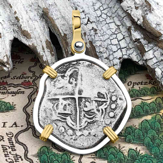 Atocha Era Land Find Spanish 2 Reale Piece of Eight 14K Gold and Sterling Silver Pendant