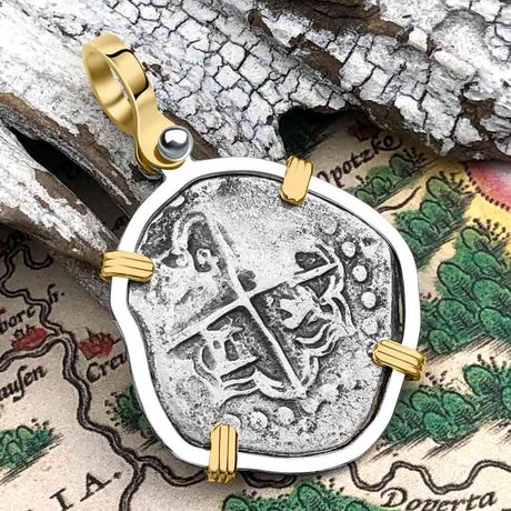 Atocha Era Land Find Spanish 2 Reale Piece of Eight 14K Gold and Sterling Silver Pendant