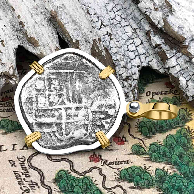 Atocha Era Land Find Spanish 2 Reale Piece of Eight 14K Gold and Sterling Silver Pendant