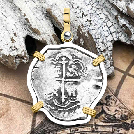 Atocha Era Land Find Spanish 1 Reale Cob Piece of 8 14K Gold and Sterling Silver Pendant
