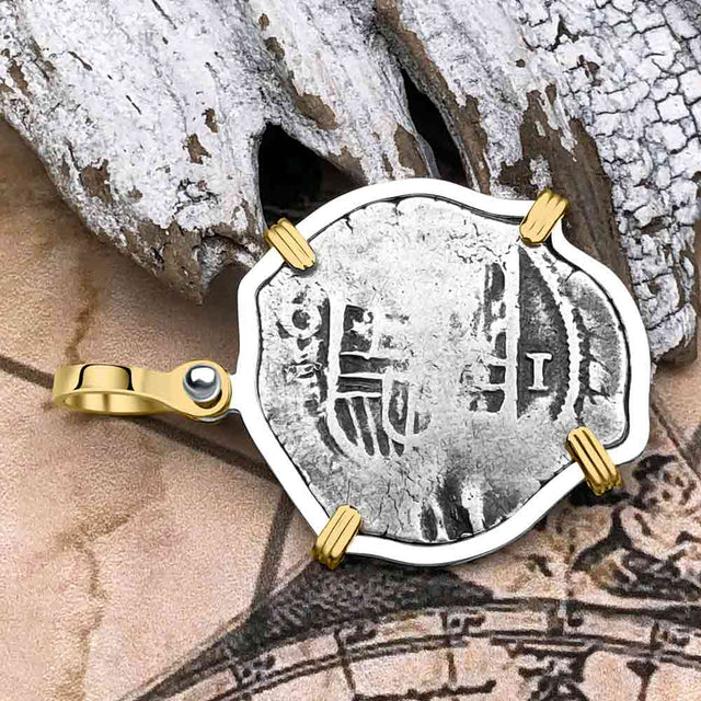 Atocha Era Land Find Spanish 1 Reale Cob Piece of 8 14K Gold and Sterling Silver Pendant