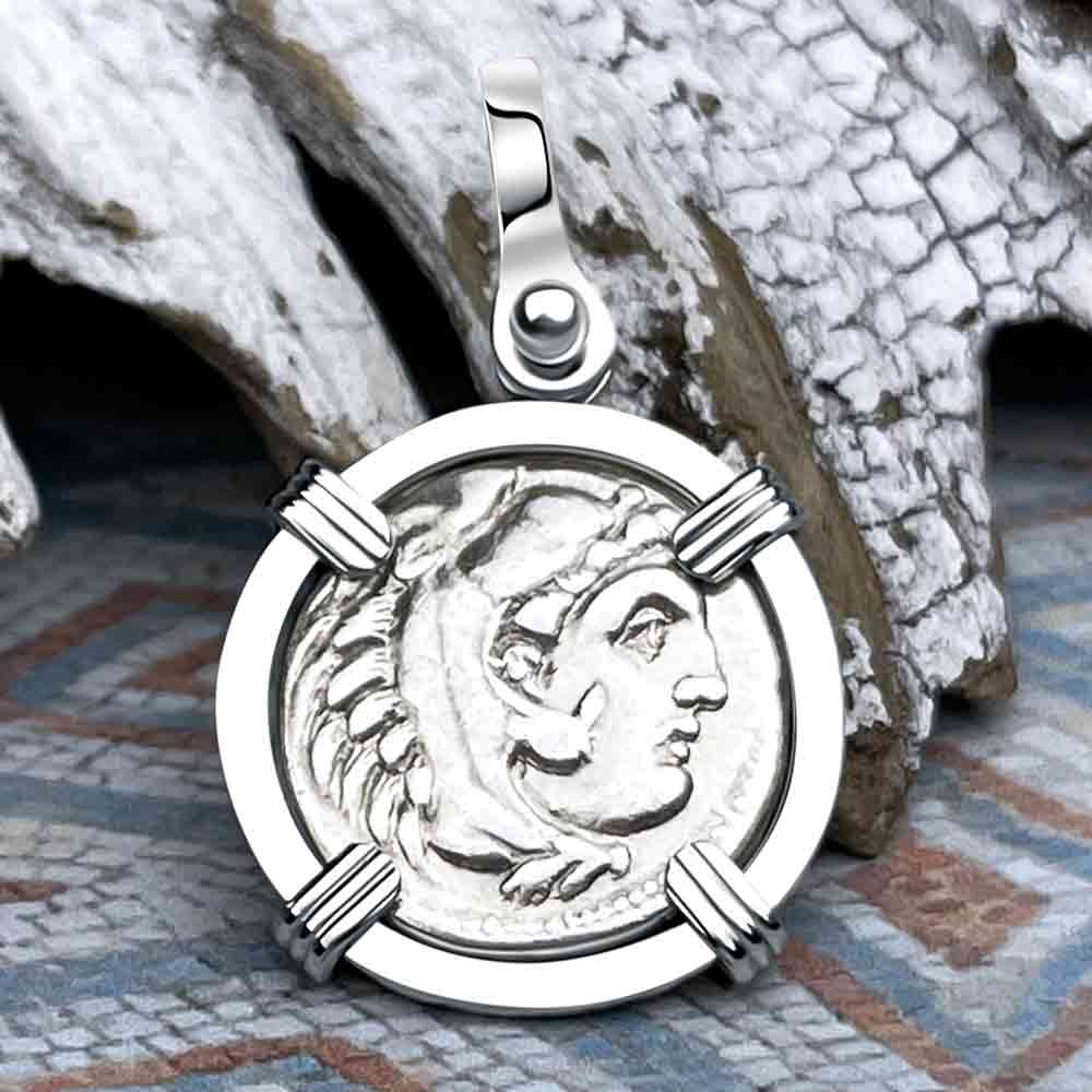Ancient Greek Alexander the Great RARE Zero Die Axis Silver Drachm Coin 14K White Gold Pendant