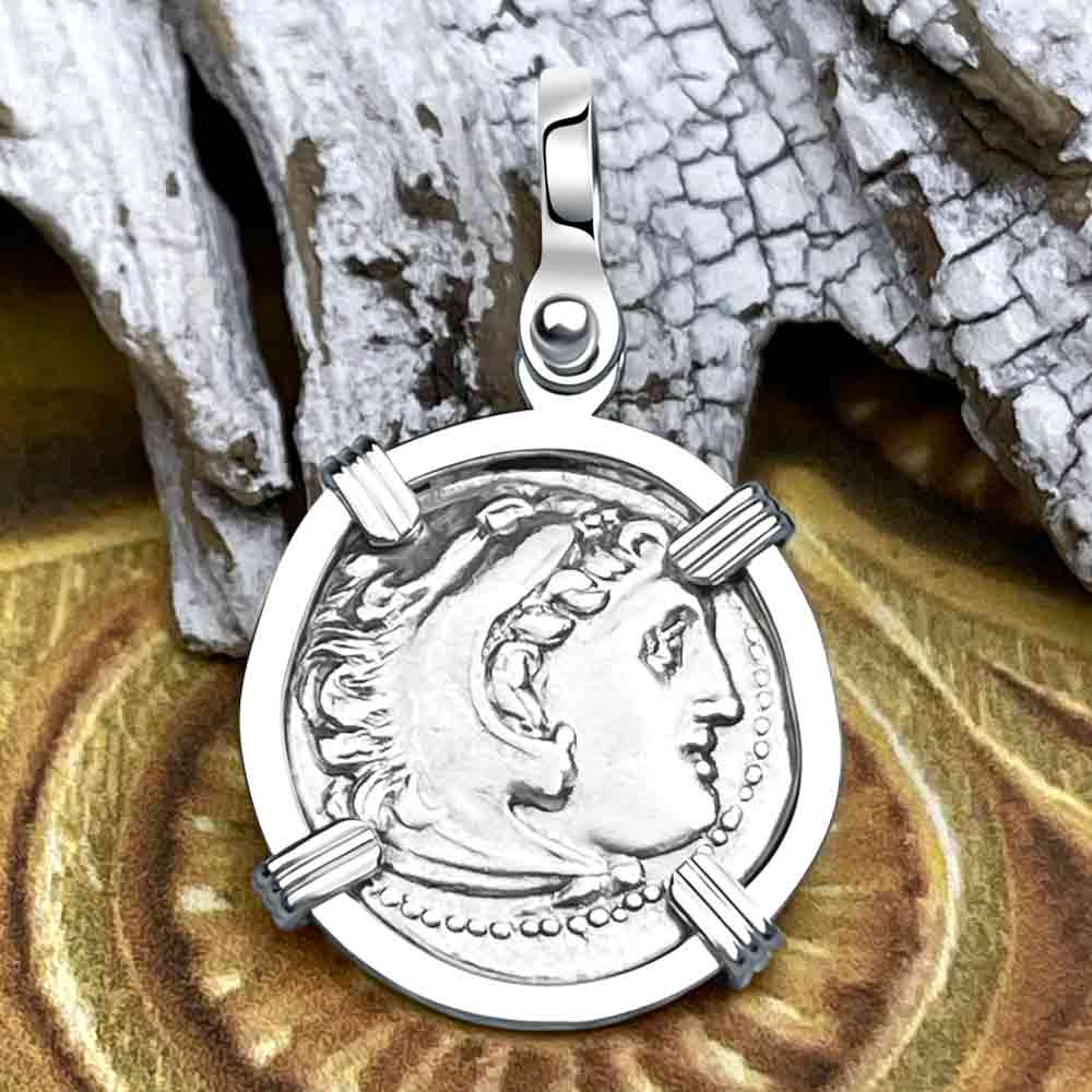 Alexander Drachm Ancient Greek Alexander the Great Silver Drachm Coin 14K White Gold Pendant