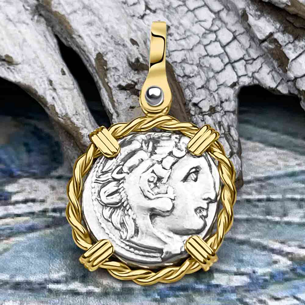 Ancient Greek Alexander the Great RARE Zero Die Axis Silver Drachm Coin 14K Gold Pendant