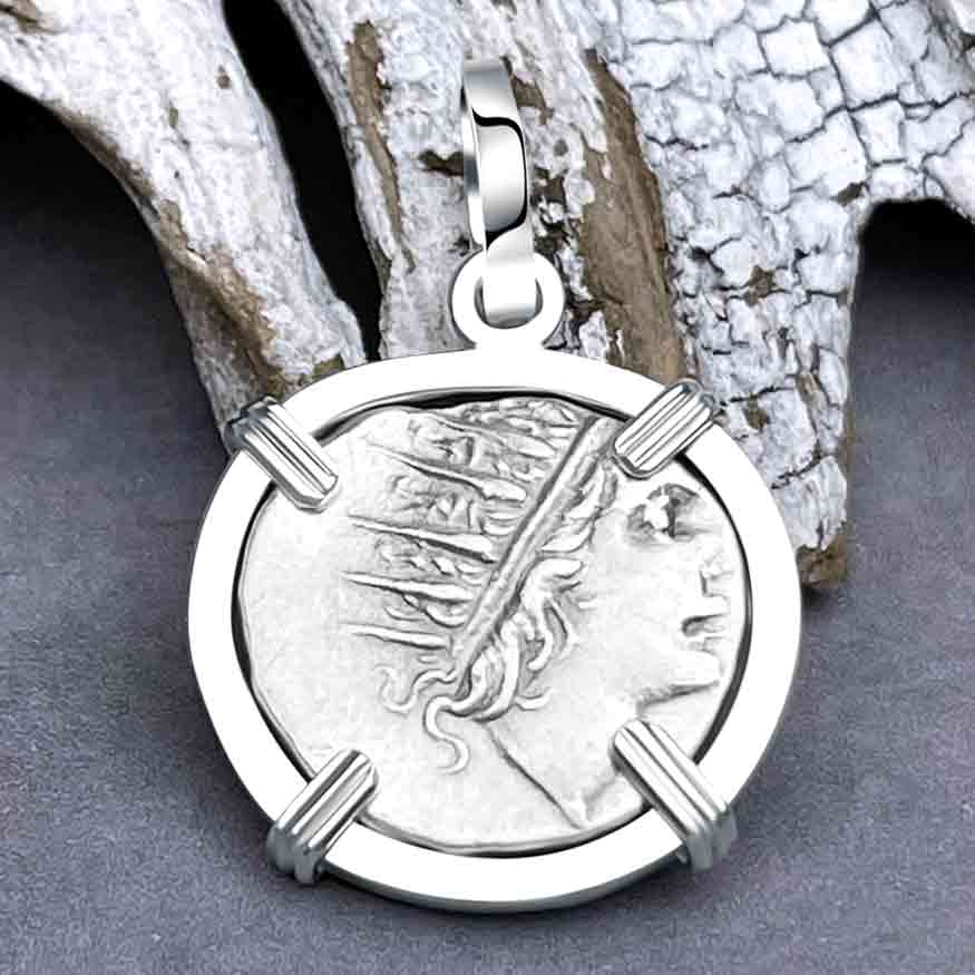 Ancient Greek Isle of Rhodes Helios the Sun God &amp; Rose Drachm 88 BC Coin Sterling Silver Pendant