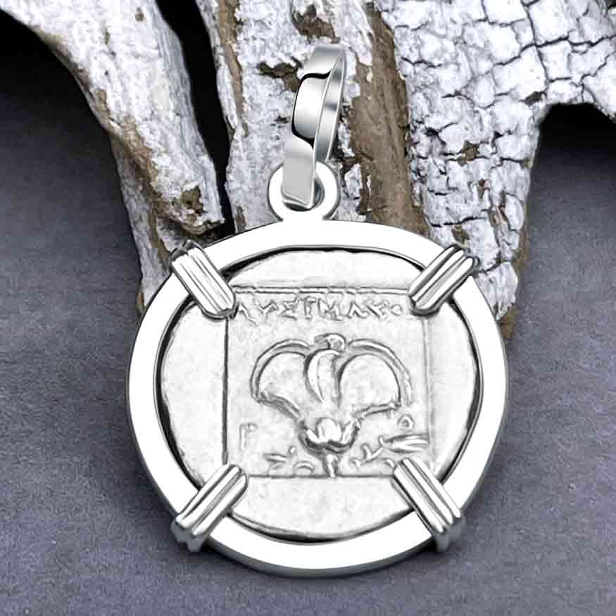 Ancient Greek Isle of Rhodes Helios the Sun God & Rose Drachm 88 BC Coin Sterling Silver Pendant