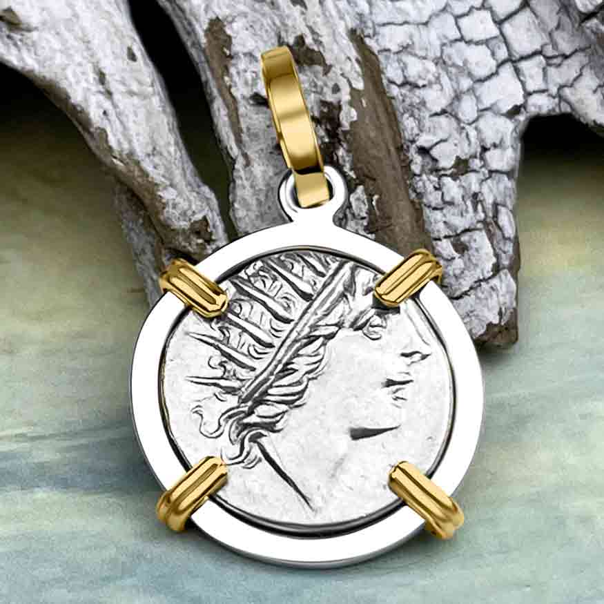 Ancient Greek Isle of Rhodes Helios the Sun God &amp; Rose Drachm 88 BC Coin Sterling Silver &amp; 14K Gold Pendant