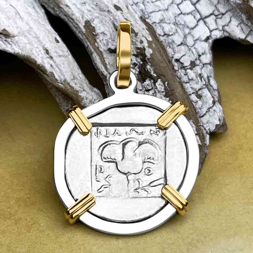Ancient Greek Isle of Rhodes Helios the Sun God &amp; Rose Drachm 88 BC Coin Sterling Silver &amp; 14K Gold Pendant