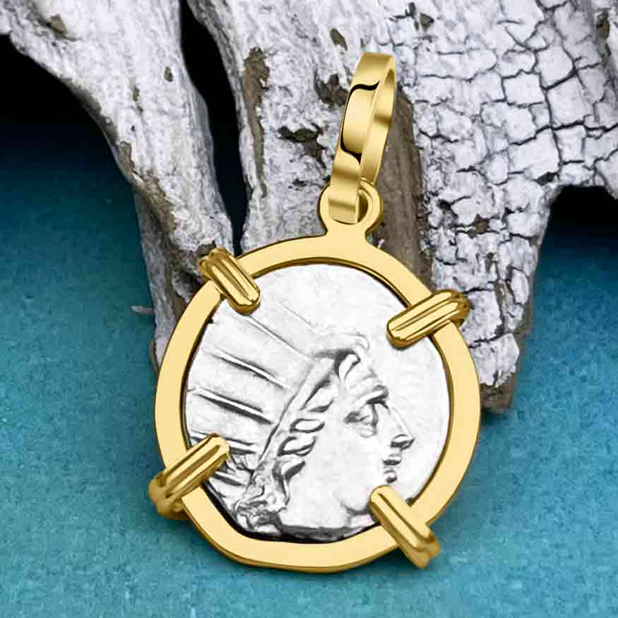 Ancient Greek Isle of Rhodes Helios the Sun God &amp; Rose Drachm 88 BC Coin 14K Gold Pendant
