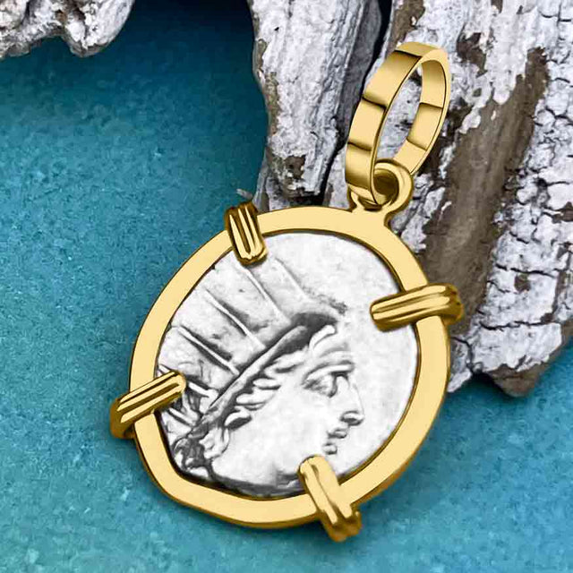 Ancient Greek Isle of Rhodes Helios the Sun God & Rose Drachm 88 BC Coin 14K Gold Pendant