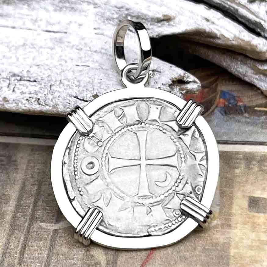 Templar Knights Era Antioch Crusader Medieval Silver Denier "Helmet Head" Coin of the Crusades 14K White Gold Pendant