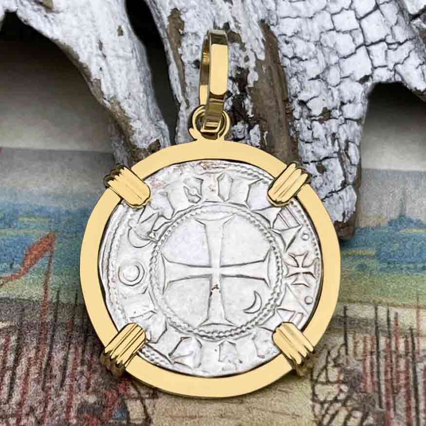 Templar Knights Era Antioch Crusader Medieval Silver Denier "Helmet Head" Coin of the Crusades 14K Gold Pendant
