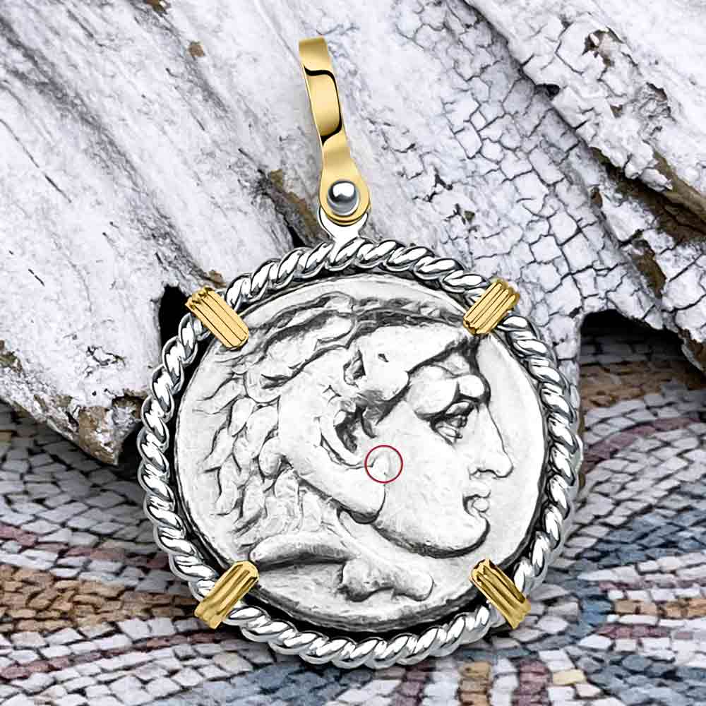 Ancient Greek Alexander the Great LARGE Silver Tetradrachm Coin 14K Gold and Sterling Silver Pendant