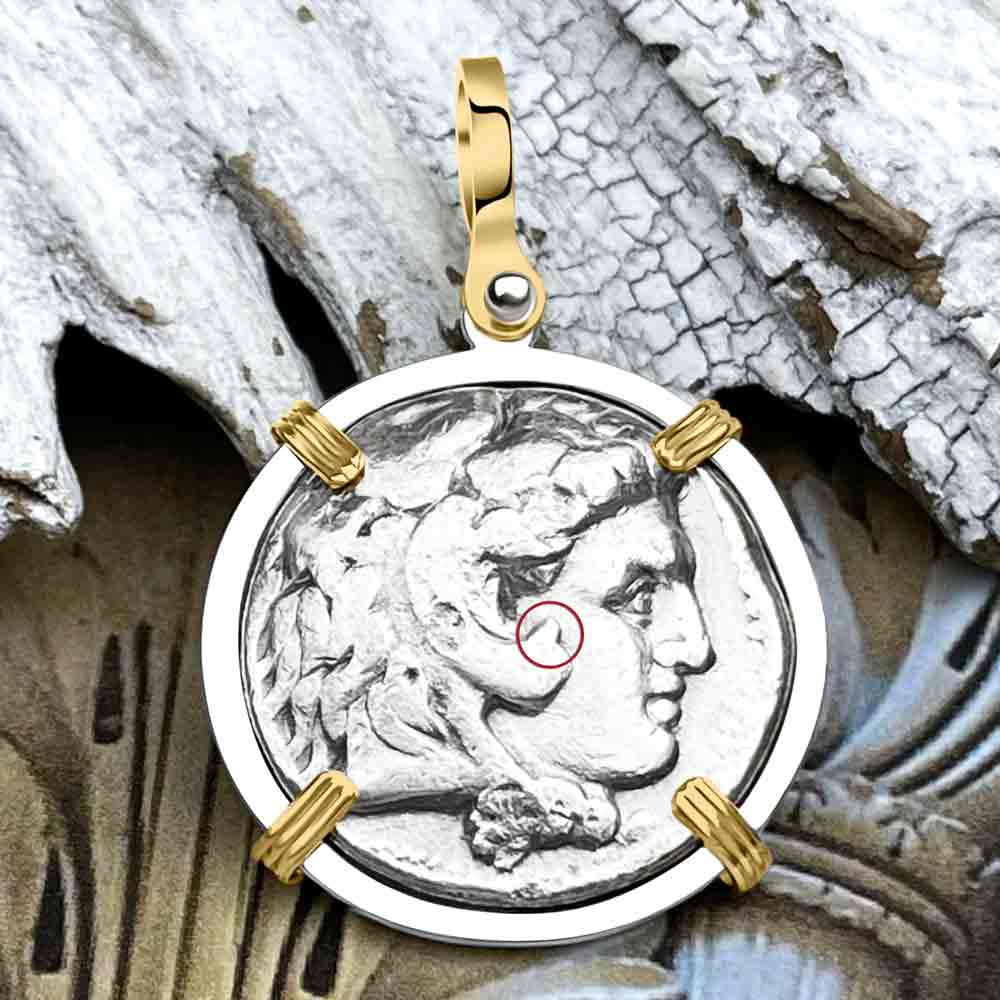 Ancient Greek Alexander the Great LARGE Silver Tetradrachm Coin 14K Gold and Sterling Silver Pendant