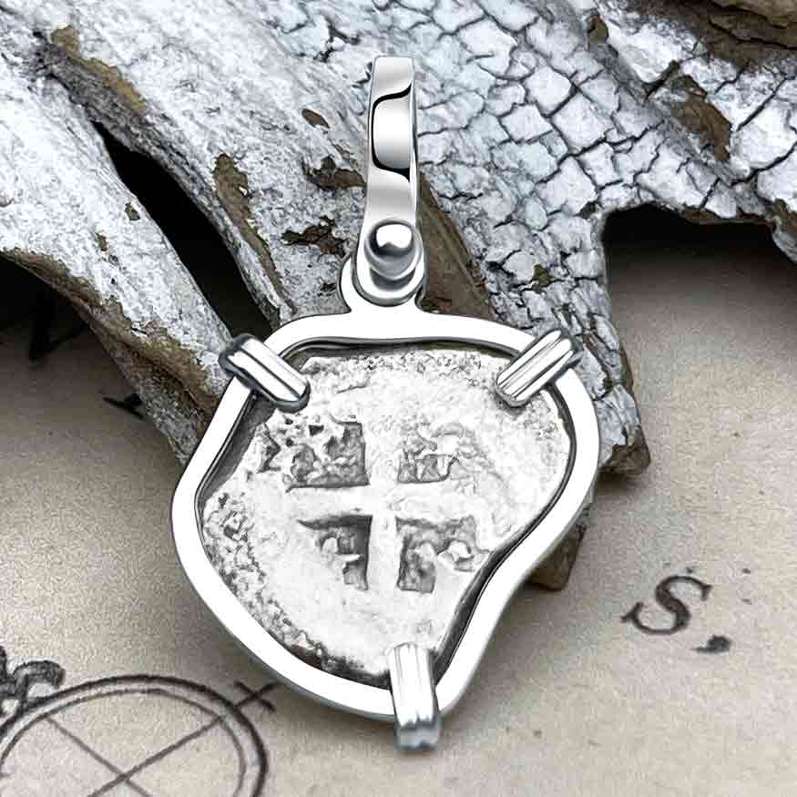 Heart Shaped 1730s Rimac River &quot;Good Luck&quot; Spanish 1/2 Reale &quot;Piece of Eight&quot; Sterling Silver Pendant