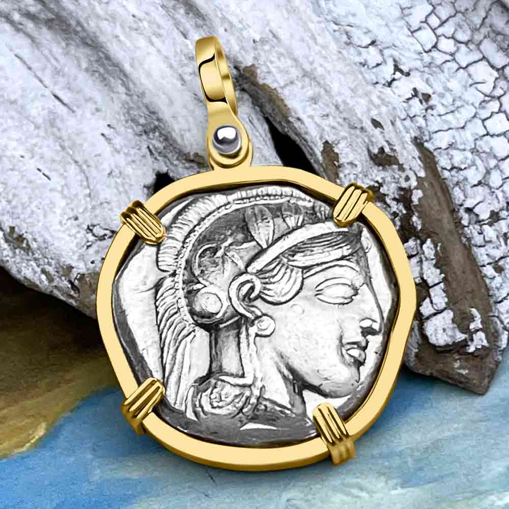 Ancient Greek Athena and the Owl Silver Tetradrachm circa 450 BC RARE ZERO DIE AXIS 14K Gold Pendant