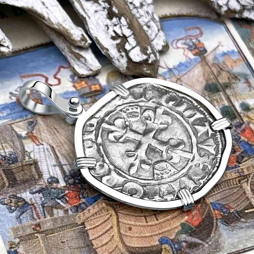 Medieval France circa 1417 Gros Florette Silver Cross Coin Pendant in 14K Gold