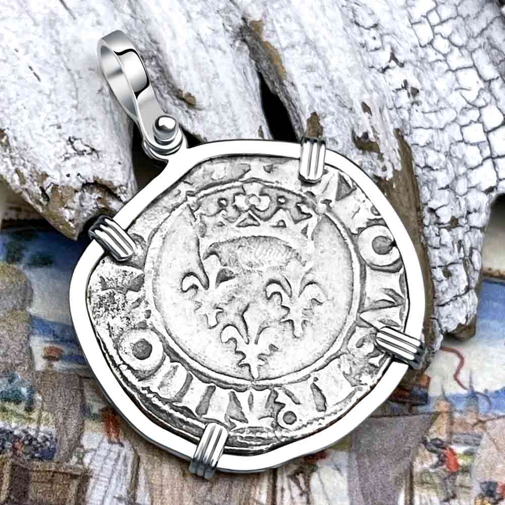 Medieval France circa 1417 Gros Florette Silver Cross Coin Pendant in 14K Gold