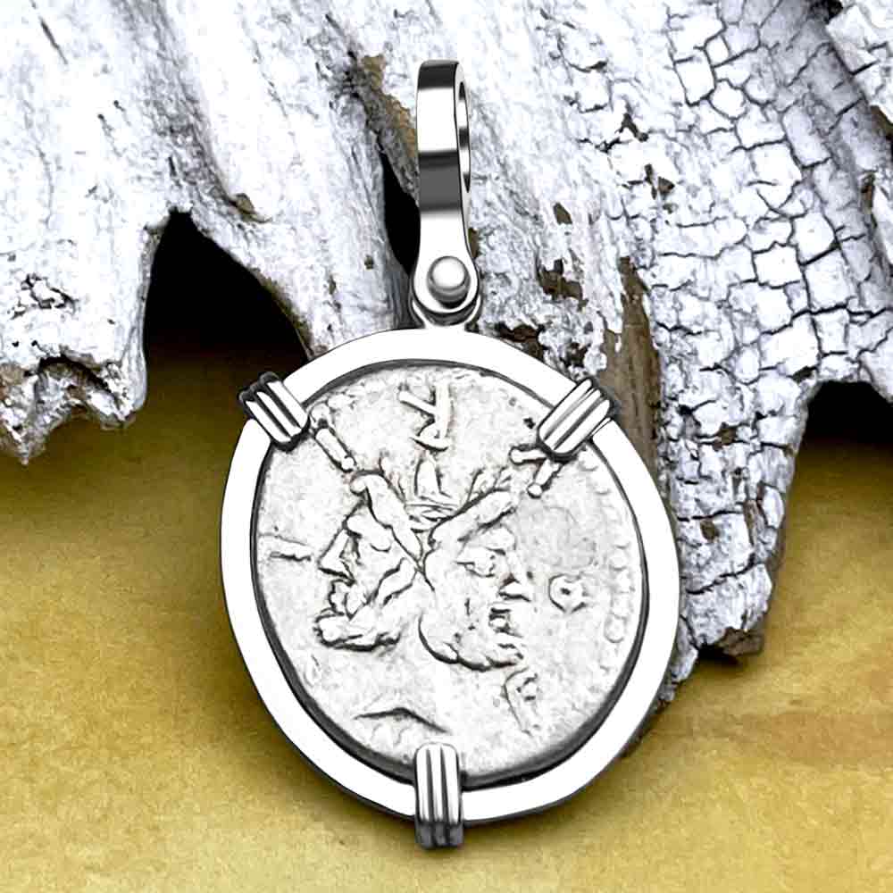 Roman Republic Silver Janus - the God of Beginnings, Change and Endings - Denarius Coin 14K White Gold Pendant 119 BC