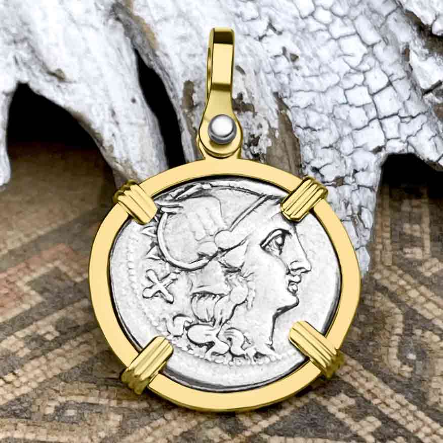 Roman Republic Roma &amp; the Gemini Twins Denarius 208 BC 14K Gold Pendant