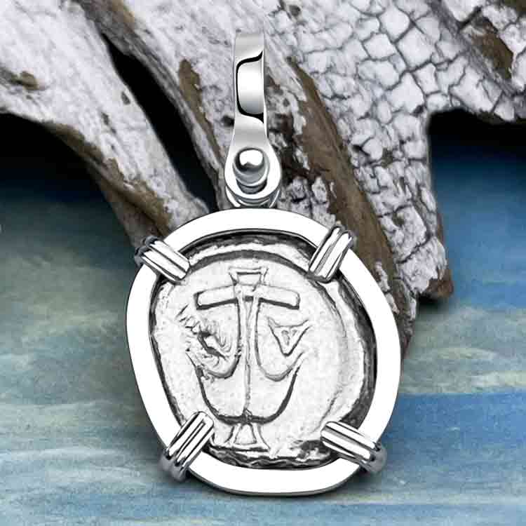 Ancient Greek Anchor and Gorgon Silver Drachm 400 BC Sterling 14K White Gold Pendant