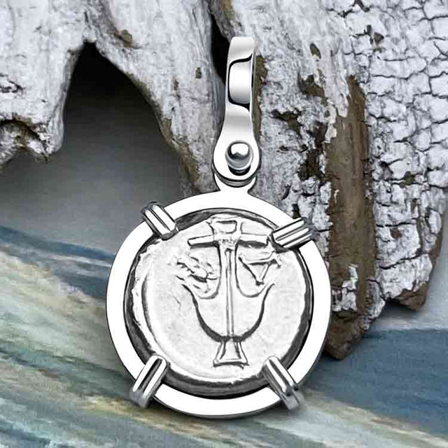 Ancient Greek Anchor and Gorgon Silver Drachm 400 BC Sterling 14K White Gold Pendant