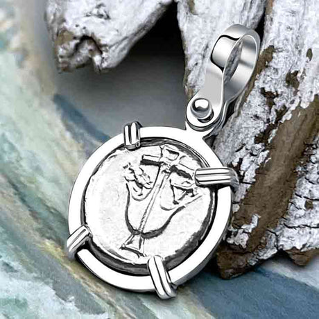 Ancient Greek Anchor and Gorgon Silver Drachm 400 BC Sterling 14K White Gold Pendant