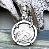 Ancient Greek Anchor and Gorgon Silver Drachm 400 BC Sterling 14K White Gold Pendant