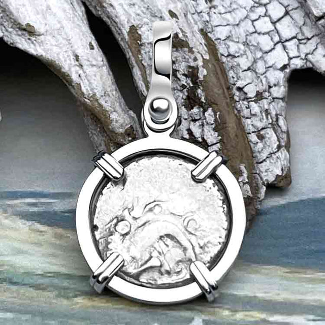 Ancient Greek Anchor and Gorgon Silver Drachm 400 BC Sterling 14K White Gold Pendant